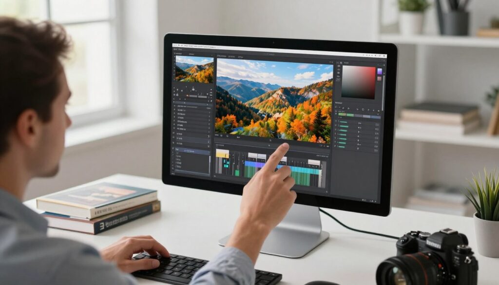 A bright, modern workspace featuring a high-resolution computer monitor displaying a sophisticated photo editing software interface. In the foreground, a skilled photographer, dressed in professional business attire, is intently adjusting the sharpness of a stunning landscape photograph, showcasing vibrant colors and intricate details. The middle ground captures various editing tools and sliders highlighted in the software, exuding a sense of creativity and precision. The background reveals a well-organized desk with photography books, a notepad, and a sleek camera, bathed in soft natural light from a nearby window. The overall atmosphere is focused and inspiring, conveying the essence of enhancing photo details through digital editing.