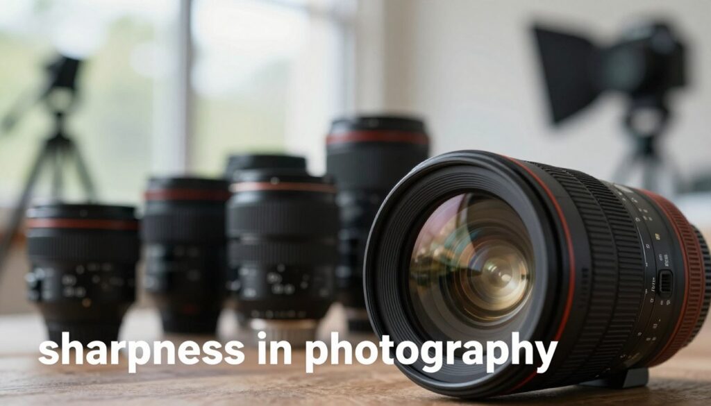 A close-up image showcasing the concept of "sharpness in photography," focusing on a high-resolution lens with a blurred background of various camera equipment. In the foreground, highlight a macro lens with intricate details and reflections, emphasizing its glass elements and metal casing, conveying precision. The middle ground features a collection of different lenses showing varying focal lengths, all under soft, diffused natural light filtering through a large window, creating a serene mood. In the background, an assortment of photography accessories like tripods and light diffusers are subtly out of focus, enhancing the foreground subject. The overall atmosphere should feel professional and inspiring, ideal for illustrating technical parameters of lens sharpness.