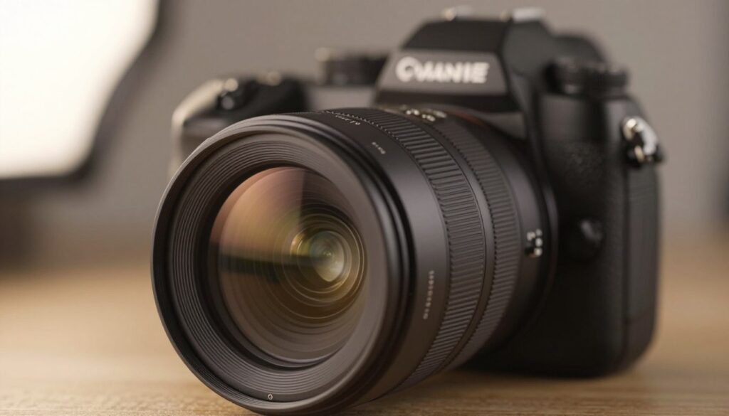 A close-up view of a variable focal length lens, showcasing its intricate design and mechanical components. The foreground features the lens with its smooth metallic surface and precision-engineered glass elements, reflecting light beautifully. In the middle, a soft-focus camera body can be seen, emphasizing the compatibility of the lens with modern photography equipment. The background fades into a softly lit studio setting, exhibiting a neutral color palette to highlight the lens. The lighting is warm and diffused, creating an inviting atmosphere that conveys the sophistication and innovation of photographic technology. The overall mood is focused and professional, ideal for illustrating technical aspects of photography.