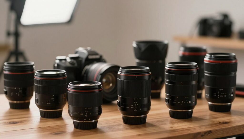 A close-up view of various zoom lenses arranged aesthetically on a wooden table. The foreground prominently displays different focal lengths and sizes of lenses, showcasing their intricate designs and glass elements with reflections. In the middle, soft-focus images of a camera body and attached lens are blurred, suggesting an inviting photography setup. The background features a softly lit photography studio with a neutral color scheme, creating a calm and professional atmosphere. The overall lighting is warm and subtle, enhancing the texture of the lenses and table while ensuring an inviting mood. There are no captions or distractions; the focus remains on the beauty and functionality of zoom lenses in photography.