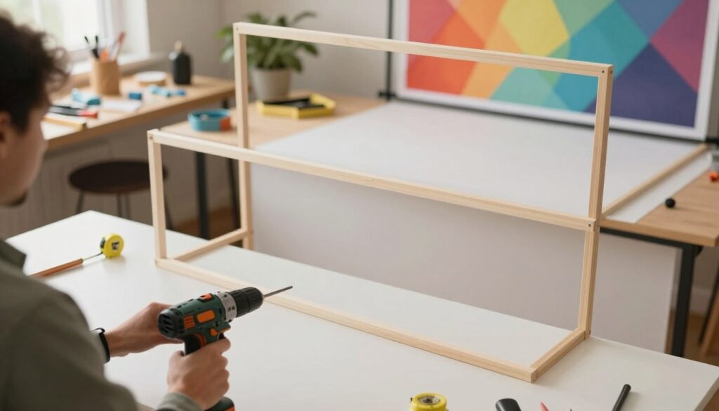 A detailed step-by-step visual guide for creating a budget-friendly photography backdrop stand. In the foreground, show a close-up of a person in casual clothing using simple tools like a drill, measuring tape, and wooden poles to assemble the stand. The middle layer should feature the partially assembled backdrop stand, highlighting its basic structure made from inexpensive materials. In the background, depict a well-lit indoor workspace, filled with tools, accessories, and a colorful photography backdrop. Soft, diffused lighting enhances the atmosphere, creating a warm and inviting workspace vibe. The angle should be slightly elevated, giving a clear view of both the work process and the backdrop stand.