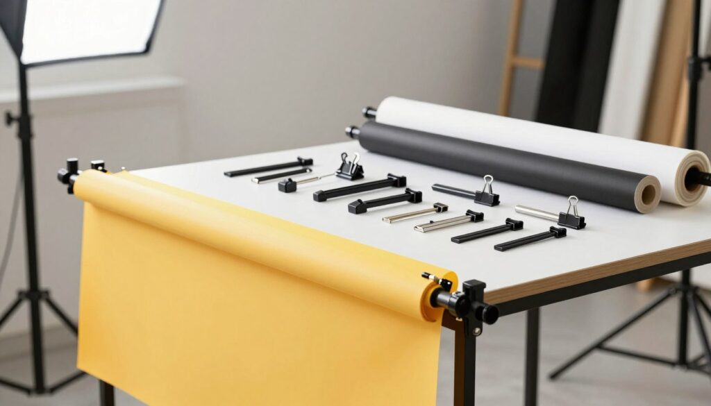 A well-lit photography setup featuring various types of backdrop support systems, including clips, clamps, and a roll-up system. In the foreground, showcase a sturdy tripod-like stand holding a vibrant, seamless backdrop, with several clamps securing the fabric tightly. In the middle ground, highlight a table displaying an assortment of clips and clamps in various sizes, along with a roll of backdrop paper ready for use. The background should feature a blurred studio environment with soft, diffused lighting, creating a professional atmosphere. The scene captures the practicality and convenience of backdrop mounting, focusing on the tools and accessories that enhance workflow. The overall mood is organized and efficient, reflecting a creative workspace for photographers.