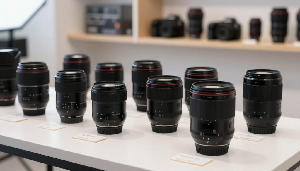 A well-lit photography studio showcasing a selection of camera lenses prominently displayed on a sleek table. In the foreground, a high-quality, mid-range lens is placed with a price tag emphasizing affordability. In the middle, other lenses are arranged to highlight various focal lengths, from wide-angle to macro, under soft, diffused lighting to prevent harsh shadows. The background features a blurred shelf with photography accessories and a subtle hint of product photography setups, creating a professional atmosphere. The entire scene should convey a sense of clarity and focus on choosing essential features over luxury, with an inviting and informative mood that catches the viewer's attention.