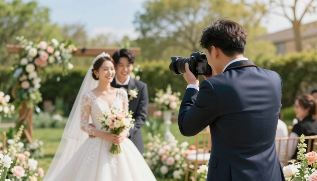 A beautiful wedding photography scene captured outdoors in a picturesque garden. In the foreground, a professional photographer, dressed in smart business attire, is focused on taking a candid shot of a happy couple in elegant wedding attire, surrounded by blooming flowers and greenery. The couple is smiling, showcasing their joy. In the middle ground, there are soft hints of wedding decorations, such as floral arrangements and a rustic archway. In the background, a bright blue sky and soft sunlight filters through the trees, creating a warm and inviting atmosphere. The image is taken with a shallow depth of field to emphasize the subjects and create a dreamy backdrop. The mood is celebratory and romantic, reflecting the essence of wedding photography.