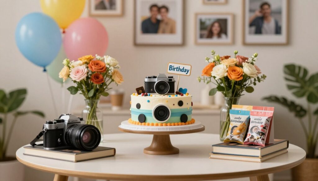 A beautifully arranged birthday-themed scene for a photographer, featuring a stylishly decorated table with a vibrant birthday cake adorned with camera motifs and colorful balloons in the background. In the foreground, a vintage camera rests beside a small stack of photography books, all under soft, warm lighting that creates a cozy atmosphere. The middle ground includes tasteful decorations like a bouquet of flowers and party favors, while the background shows a blurred artful display of framed photographs capturing joyful moments. The overall mood is celebratory and creative, emphasizing the passion for photography. The composition exudes professionalism and warmth, suitable for illustrating the joy of celebrating a photographer's birthday.