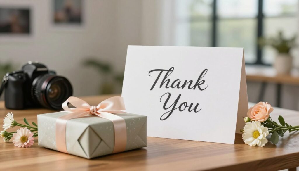 A beautifully arranged scene centered around a heartfelt thank-you gift for a photographer. In the foreground, a stylishly wrapped gift box adorned with a delicate ribbon sits on a wooden table, accompanied by a small bouquet of fresh flowers in soft pastel colors. The middle ground features a white card elegantly displayed, featuring artistic calligraphy spelling out "Thank You" without any text overlay. The background showcases a softly blurred photo studio environment, with gentle natural light filtering through large windows, casting a warm glow across the setting. The mood is warm and appreciative, evoking a sense of gratitude and professionalism, perfect for highlighting a thoughtful gesture towards a photographer.