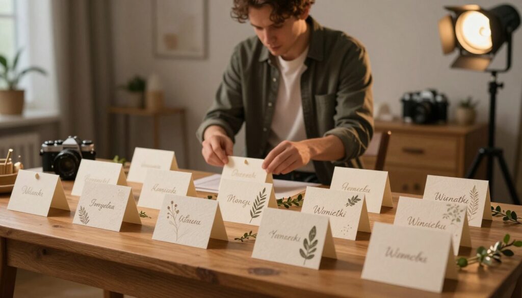 A beautifully arranged winietka display featuring elegant, creative name cards in a cozy, softly lit photography studio. In the foreground, a collection of winietki, crafted from textured paper with artistic designs, is elegantly scattered on a wooden table, some adorned with delicate greenery. In the middle, a professional photographer in smart casual attire is gently arranging the winietki, focusing on the details with a keen eye. The background features soft-focus props like vintage cameras and artfully arranged lights, creating an inviting atmosphere. The warm, ambient lighting casts gentle shadows, enhancing the texture of the winietki, evoking a sense of nostalgia and creativity, perfectly illustrating their dual role as keepsakes and subtle promotional items.