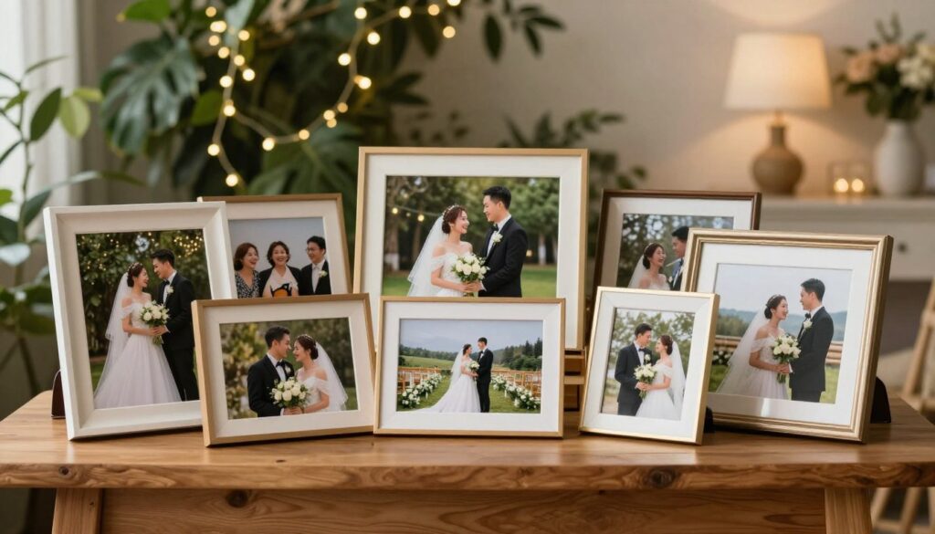 A beautifully curated wedding portfolio scene showcasing a collection of wedding photographs in an elegant display. In the foreground, a stylish wooden table holds a mix of framed images depicting various wedding moments: a couple exchanging vows, laughter among guests, a close-up of flowers, and a sweeping landscape of a wedding venue. The middle ground features a soft-focus backdrop of lush greenery and fairy lights, creating a romantic atmosphere. The background includes hints of a cozy, well-decorated studio with soft, warm lighting, evoking a sense of nostalgia and joy. The overall mood is intimate and inviting, perfect for couples evaluating wedding photography styles. Ensure all human subjects are dressed in professional attire, radiating warmth and happiness.