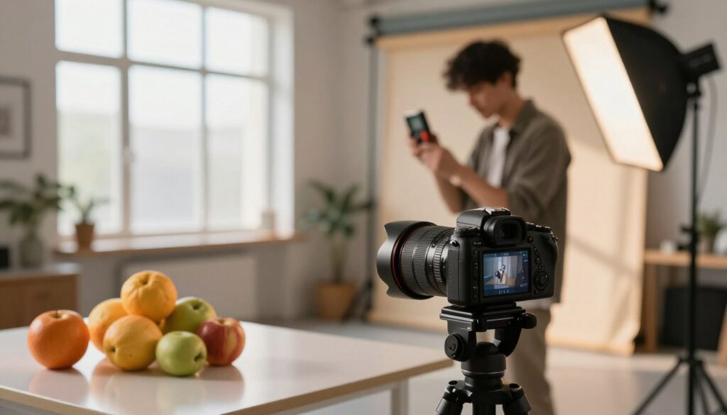 A captivating photography studio scene that showcases the concept of exposure in photography. In the foreground, a camera with a detailed lens sits on a tripod, capturing a well-lit still life arrangement of vibrant fruits on a reflective surface, demonstrating proper exposure. The middle ground features a professional photographer adjusting camera settings while studying a light meter, surrounded by soft diffused lighting. In the background, large windows let natural light flood in, casting gentle shadows across the studio. The atmosphere is creative and focused, with a warm ambiance reflecting the importance of mastering exposure. Emphasize clarity and detail, ensuring no captions or distractions are present in the image.