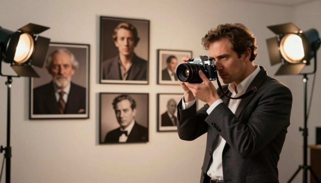 A captivating portrait of a renowned photographer capturing a historic moment, set in a softly lit studio. In the foreground, the photographer is in a focused stance, holding a vintage camera, dressed in professional business attire. Their expression reveals intensity and passion for their craft. In the middle ground, iconic photographs hang on the wall, showcasing legendary portraits that have left a mark in photography history, with each image reflecting different styles and eras. The background features classic studio lighting equipment, subtly illuminated to enhance the warm ambiance. The overall atmosphere is one of reverence and inspiration, showcasing the artistry and legacy of portrait photography.