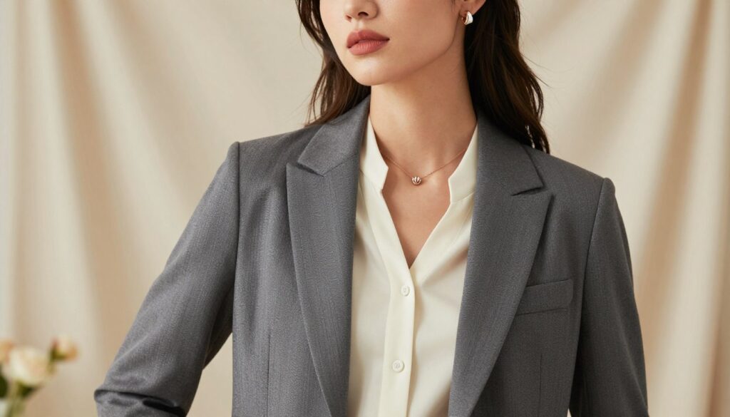 A chic fashion photoshoot scene featuring a confident woman styled in elegant attire, embodying the essence of sophisticated styling. In the foreground, she wears a tailored blazer with a stylish blouse, complemented by tasteful accessories like a delicate necklace and earrings. The middle ground showcases a beautifully arranged soft fabric backdrop in neutral tones, with a hint of floral elements for a touch of elegance. The soft, diffused lighting enhances her features and creates a serene atmosphere. Use a shallow depth of field to blur the background slightly, drawing focus to the model and her polished look. The overall mood is inspiring and professional, inviting viewers to imagine themselves in a similar stylish setting.