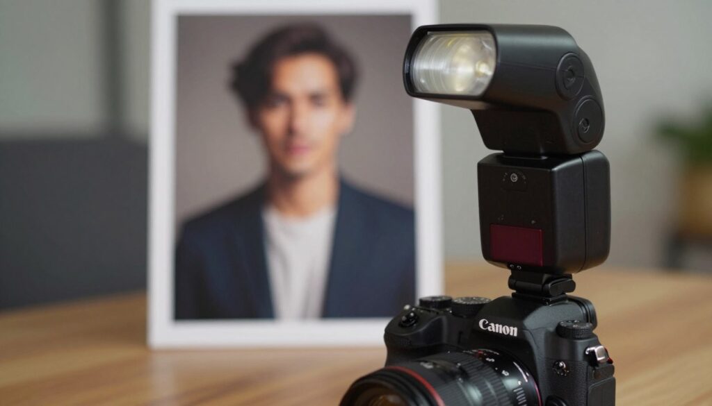 A close-up of a professional Canon camera set on a wooden table, showcasing a sleek and compact external flash (lampy) suitable for portrait and reportage photography. The foreground features the flash mounted on the camera, highlighting its intuitive controls and glossy finish. In the middle, include a soft-focus portrait of a person dressed in smart casual attire, demonstrating natural expression, with warm, diffused lighting illuminating their face. The background is softly blurred, hinting at an indoor environment with muted tones that complement the equipment. The overall atmosphere is professional yet inviting, suggesting creativity and proficiency in photography. The lighting is balanced, enhancing the subject while casting gentle shadows for depth.