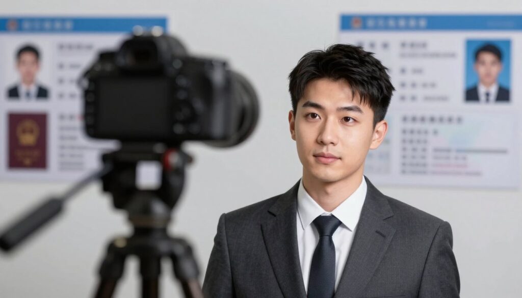 A close-up of a professional ID photo being captured in a well-lit studio setting. In the foreground, a male model in a sharp business suit stands against a neutral grey backdrop, his expression neutral and confident, adhering to official identification photo requirements. The middle layer features a camera on a tripod, with a soft-focus lens highlighting the model. Behind, a wall displays various ID types, such as a passport and driver’s license, subtly indicating the topic of official identification. The lighting is bright and even, emphasizing the importance of clarity and professionalism. The atmosphere is clean, focused, and formal, reflecting the significance of official identification photographs.