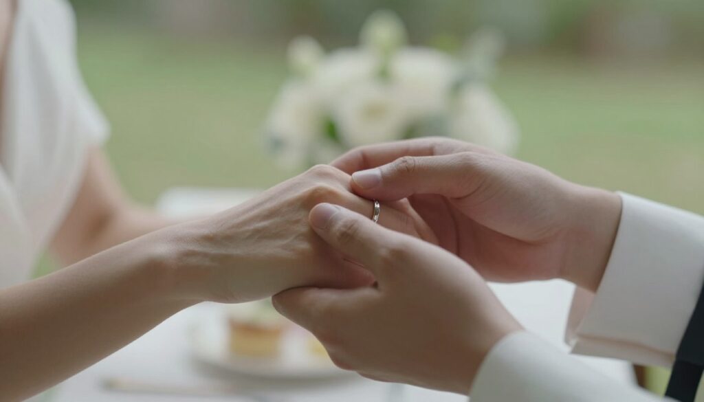 A close-up shot capturing the delicate interplay of hands, showcasing intricate gestures and fine details. In the foreground, two elegantly intertwined hands of a couple, one adorned with a wedding ring, emphasize their connection. The middle ground features subtle textural elements like soft fabric and floral arrangements that suggest a romantic atmosphere. The background is slightly blurred, hinting at a serene outdoor setting, illuminated by soft, natural lighting that creates a warm, intimate feel. The image is framed with a shallow depth of field, drawing attention to the hands while creating a bokeh effect with gentle hues of greens and whites. The overall mood is tender and loving, reflecting the importance of small details in capturing memorable moments.