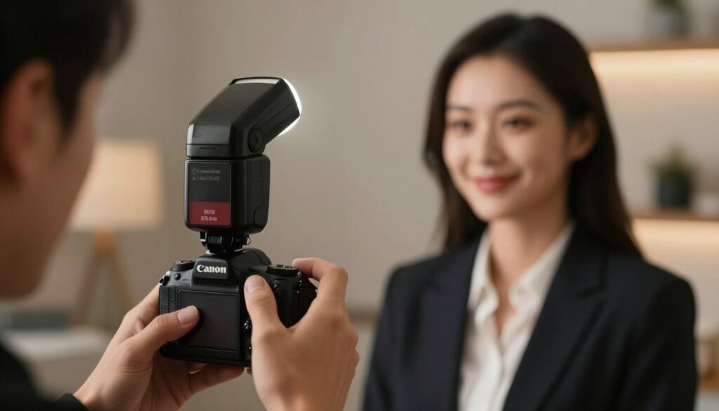 A close-up shot of a professional photographer adjusting a Canon camera equipped with a flash, focused on a model in professional business attire posing for a portrait. In the foreground, the photographer's hands are delicately manipulating the flash settings while the soft glow from the flash illuminates the model's face. The middle ground features the model, smiling gently, highlighting the effective use of flash for dynamic portrait lighting. The background fades into a cozy indoor environment with soft, ambient lighting to contrast with the flash, creating a warm atmosphere. Capture the subtle tension of problem-solving in a practical photography setting, emphasizing the interplay of light and shadow, with a slight vignette effect for a polished finish.