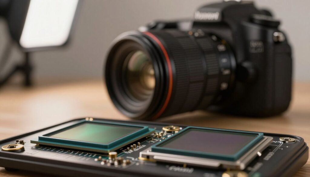 A close-up view of a DSLR camera sensor, focusing on the intricacies of an APS-C image sensor compared to a full-frame sensor. The foreground features a detailed depiction of the two sensors side by side, showcasing their size difference and structure. In the middle ground, a soft blur highlights the lens attached to the camera, ideally a standard 50mm f/1.8, allowing for a shallow depth of field. The background features a blurred photography studio setting with soft, diffused lighting, creating a calm and educational atmosphere. The scene is professional and polished, evoking a sense of curiosity and exploration into the world of photography. The lighting should be warm, enhancing the details of the sensors' surfaces without harsh shadows.