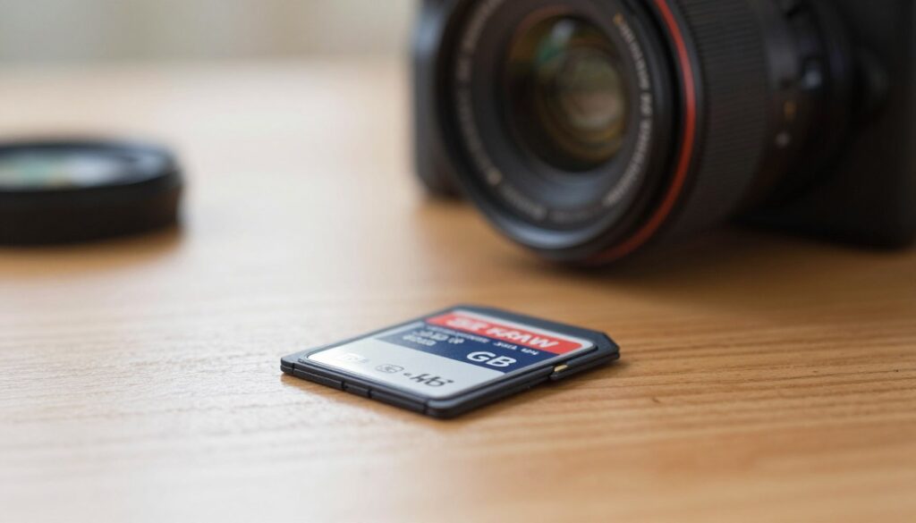 A close-up view of a high-capacity SD memory card lying on a polished wooden table, reflecting light to emphasize its sleek design. In the foreground, the card's label showcasing storage capacity in gigabytes (GB) is distinct and easy to read. The middle ground includes a blurred camera with a lens pointing upwards, hinting at its connection to photography and videography. In the background, softly out-of-focus images of JPEG, RAW, and 4K icons are subtly integrated, creating a cohesive theme around digital storage for photos and videos. The lighting is bright and natural, reminiscent of a photography studio, casting gentle shadows that enhance texture. The mood is professional and contemporary, suitable for a tech-savvy audience.