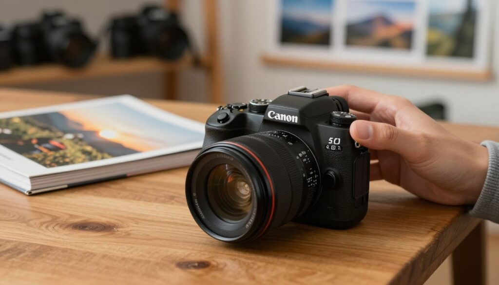 A close-up view of a used Canon EOS camera, prominently displayed on a stylish wooden table. The foreground highlights the camera's intricate details, showcasing its buttons, lens, and worn textures that suggest it has been well-loved. The middle ground includes a blurred photography book and a pair of comfortable, modestly dressed hands adjusting the camera settings. Soft, warm lighting illuminates the scene, creating a welcoming atmosphere. In the background, hints of a cozy photography workspace can be seen, with shelves lined with camera gear and prints of stunning landscapes. The overall mood is inviting and inspiring, geared towards beginners looking to learn photography.