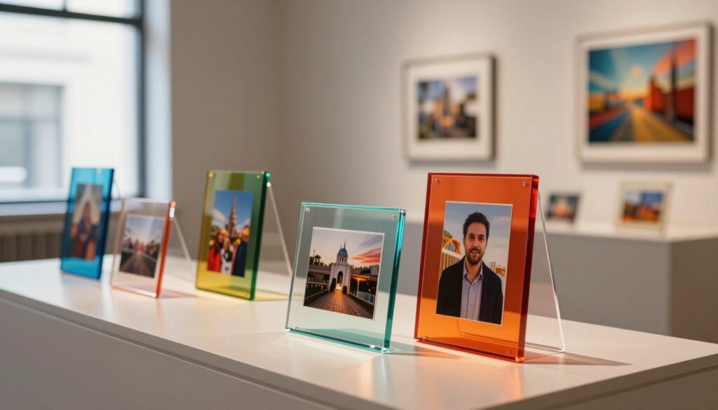 A close-up view of vibrant acrylic glass exhibition showcasing framed photographs, positioned elegantly on a sleek modern display. In the foreground, glimmering acrylic panels reflecting soft, warm light create an inviting atmosphere. The middle section features various framed photographs, each encased in glossy acrylic, with subtle shadows enhancing their depth. In the background, a calm, minimalist gallery space is adorned with neutral tones, allowing the vibrant colors of the photographs to stand out. Natural daylight streams through large windows, illuminating the scene with a gentle glow, while soft focus blurs the distant art pieces, drawing attention to the acrylic glass in the foreground. The overall mood is sophisticated, highlighting the beauty and clarity of acrylic glass as a perfect choice for displaying cherished photographs.