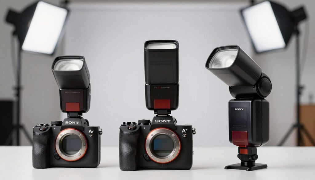 A detailed arrangement of various flash units designed for the Sony A7 III, showcasing their intricacies and unique features. In the foreground, display three distinct flash models: a compact on-camera flash, a larger external studio flash, and a portable off-camera flash, all with visible dials and controls. In the middle, highlight a close-up of each flash's mounting system and light output, illustrating their versatility and adjustability. The background features a blurred photography studio environment, with soft lighting to create a professional atmosphere, hinting at a creative workspace. Use a soft-focus effect for the background while keeping the flashes sharply in focus. The overall mood should evoke a sense of innovation and expertise, suitable for photographers looking to enhance their craft.