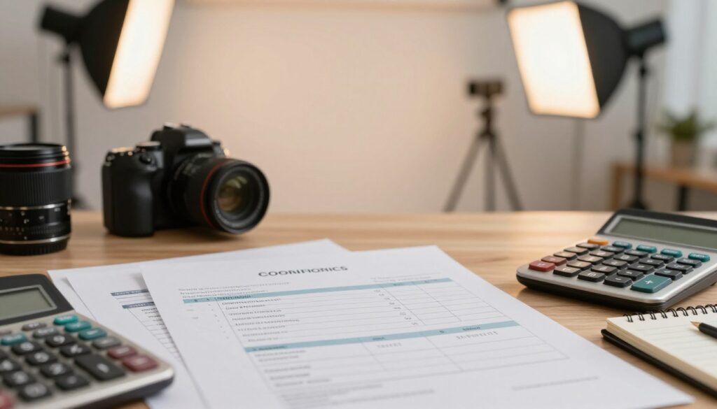 A detailed close-up shot of a photography studio workspace showcasing various additional costs associated with a photo session. In the foreground, there are transparent invoices, a calculator, and a notepad with calculations visible, symbolizing budgeting. The middle layer features professional equipment like cameras, tripods, and lighting gear set up for a photoshoot. In the background, soft studio lighting illuminates the space, creating a warm and inviting atmosphere. The scene conveys a sense of professionalism and organization, reflecting the complexities of photography costs. Use a shallow depth of field to focus on the invoices while keeping the equipment slightly blurred, enhancing the main subject.