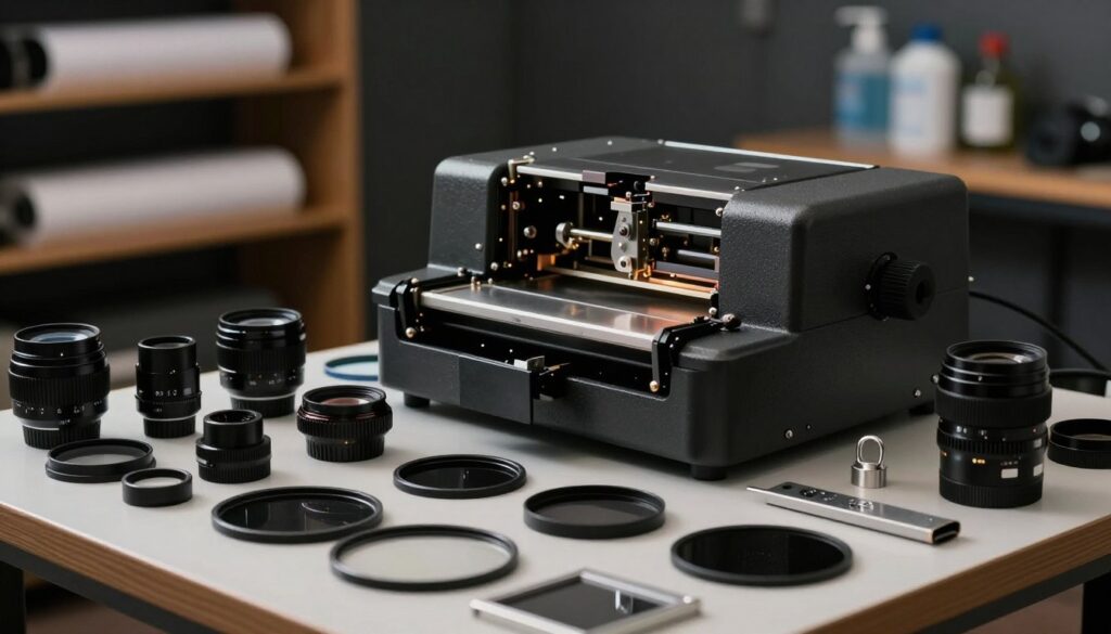 A detailed composition showcasing a variety of photographic enlarger accessories and spare parts. In the foreground, display a well-organized assortment of items such as lens attachments, light filters, and calibration tools, all meticulously arranged on a workbench. The middle section reveals a partially dismantled enlarger with intricate components visible, illuminated by soft, diffused lighting that highlights their textures and finishes. In the background, an ambient darkroom setting with blurred shelves of photographic paper and chemicals creates an immersive atmosphere. The overall mood is focused and professional, capturing the essence of precision in photography, inviting the viewer to appreciate the craftsmanship of these essential tools.