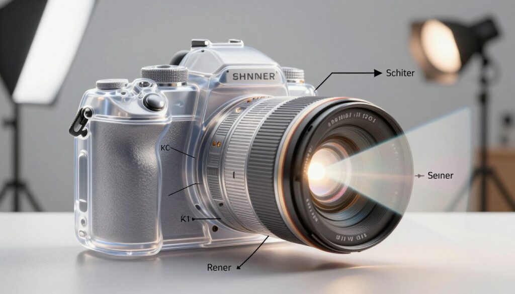 A detailed diagram illustrating the inner workings of a camera, showcasing the path of light from the lens to the final image. In the foreground, depict a transparent camera body with labeled components like lens, shutter, aperture, and sensor. The light rays should be shown entering through the lens, highlighting the refraction as they pass through various elements of the camera. In the middle layer, add arrows and annotations explaining each step of the process, including focusing and exposure. In the background, depict a soft blur of a photography studio, creating a professional atmosphere. Use bright but natural lighting to illuminate the camera and emphasize its intricacies, with a slight vignette effect to draw attention to the camera itself.