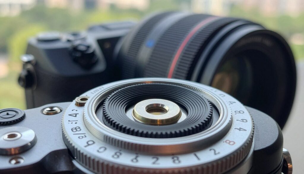A detailed macro photograph showcasing a camera aperture mechanism, focusing on the intricacies of the diaphragm blades. In the foreground, highlight a close-up view of the aperture setting scale with f-stop numbers, vividly displaying values such as f/2.8, f/4, and f/8. The blades should gleam softly under natural light, capturing the mechanical beauty. In the middle ground, show the camera body with a professional lens attached, slightly blurred to create depth. In the background, include a soft bokeh effect of nature or urban scenery, emphasizing the concept of depth of field. The overall mood should be informative yet artistic, conveying a sense of precision and clarity in photography.