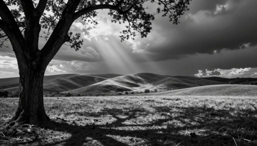 A dramatic black and white photograph showcasing the interplay of light and shadows in a serene landscape. In the foreground, a large tree with intricate bark details casts intricate shadows on the ground, exhibiting fine textures. The middle layer features rolling hills softly illuminated by a low, diffused light, enhancing the contours and creating a sense of depth. The background is a moody sky filled with swirling clouds that frame the scene, with beams of light breaking through, illuminating specific areas and enriching the contrast. The image captures a tranquil yet mysterious atmosphere, inviting viewers to explore the dynamics of light in monochrome photography. The composition emphasizes the importance of light and shadow, focusing on the subtleties that evoke emotion and depth in black and white images.