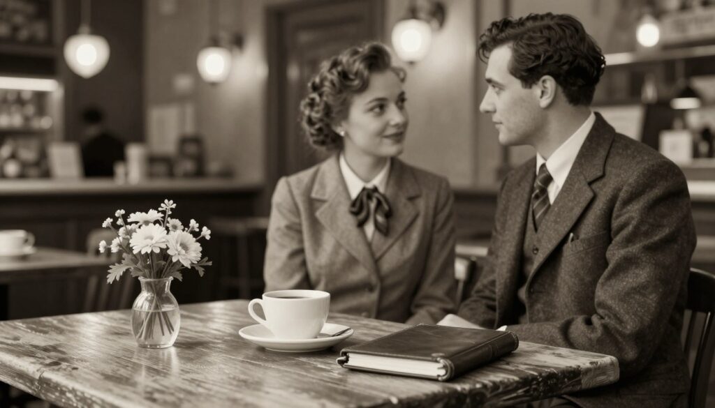 A nostalgic sepia-toned photograph capturing a vintage scene of a classic café setting, with a weathered wooden table adorned with a small vase of fresh flowers. In the foreground, an old-fashioned coffee cup sits beside a beautifully bound leather notebook. The middle ground features an elegantly dressed couple, engaged in deep conversation, embodying timeless style in professional attire. In the background, the soft glow of antique light fixtures illuminates the café, creating an inviting atmosphere. The overall composition exudes warmth and nostalgia, with a slight film grain texture to enhance the vintage feel. The lighting is soft and diffused, reminiscent of golden hour, inviting viewers to step into a serene, bygone era of charm and intimacy.