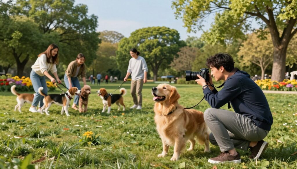 A picturesque outdoor scene showcasing a professional dog photographer at work during a sunny day in a lush park. In the foreground, the photographer, dressed in smart casual attire, crouches beside a playful golden retriever, capturing its joyful expression with a high-quality camera. In the middle ground, various dogs of different breeds, including a beagle and a poodle, frolic and interact with their owners, who are casually dressed and engaged in playful activities, creating a lively atmosphere. The background features vibrant green trees, colorful flowers, and a clear blue sky, enhancing the sense of a serene outdoor setting. The lighting is warm and soft, casting gentle shadows, highlighting the joyful mood and lively interactions among the dogs and their humans.
