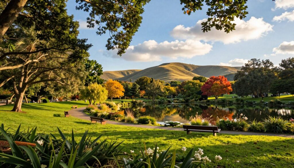 A picturesque outdoor setting perfect for photography, featuring a lush green park as the foreground, with diverse flora and gentle sunlight filtering through the leaves. In the middle ground, a serene pond reflects the vibrant colors of the surrounding landscape, with small wooden benches and a winding path accentuating the tranquil atmosphere. The background showcases softly rolling hills under a clear blue sky, dotted with fluffy white clouds. The scene is bathed in warm, golden hour lighting, enhancing the depth and richness of colors. Capture this idyllic moment with a wide-angle lens to emphasize the expansive beauty of the environment, creating a calm and inviting mood ideal for outdoor photography. No people or distractions should be present to maintain focus on the natural elements.