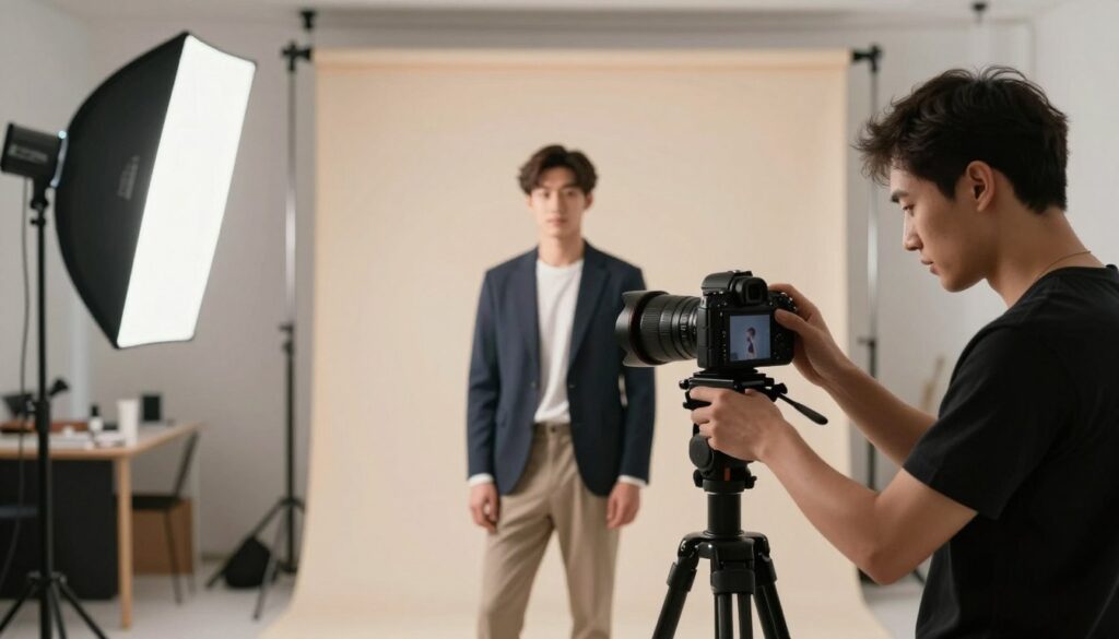 A professional photo studio environment showcasing a photographer preparing to capture a portrait photo. In the foreground, a sleek camera on a tripod, equipped with a high-quality lens, points towards a backdrop of soft, neutral colors. In the middle, a well-dressed subject, wearing smart casual attire, stands confidently, positioned under soft, diffused lighting that highlights their features. The photographer, focused and attentive, adjusts the camera settings. The background is softly blurred, featuring photography equipment like softboxes and props, creating a professional atmosphere. The overall mood is calm and focused, emphasizing the meticulous nature of capturing a quality portrait.