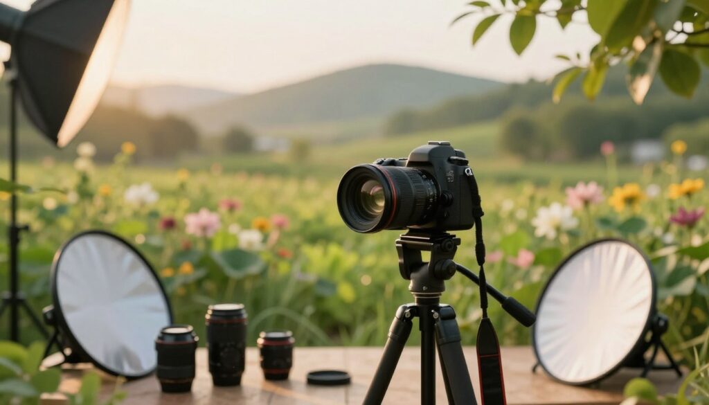 A professional photographer’s setup in a lush outdoor environment, capturing the essence of natural light in outdoor photography. In the foreground, a high-quality DSLR camera with a prime lens and a circular polarizing filter is positioned on a sturdy tripod, surrounded by essential accessories such as additional lenses, reflectors, and light diffusers. The middle ground showcases a scenic backdrop of vibrant greenery and soft flowers under warm, golden hour light. In the background, gentle hills fade into the horizon, enhancing the tranquil atmosphere. Soft bokeh effects add depth, while lush leaves and soft sunlight create a mood of creativity and inspiration. The scene feels inviting, illustrating the harmony between the photographer, equipment, and the natural setting.
