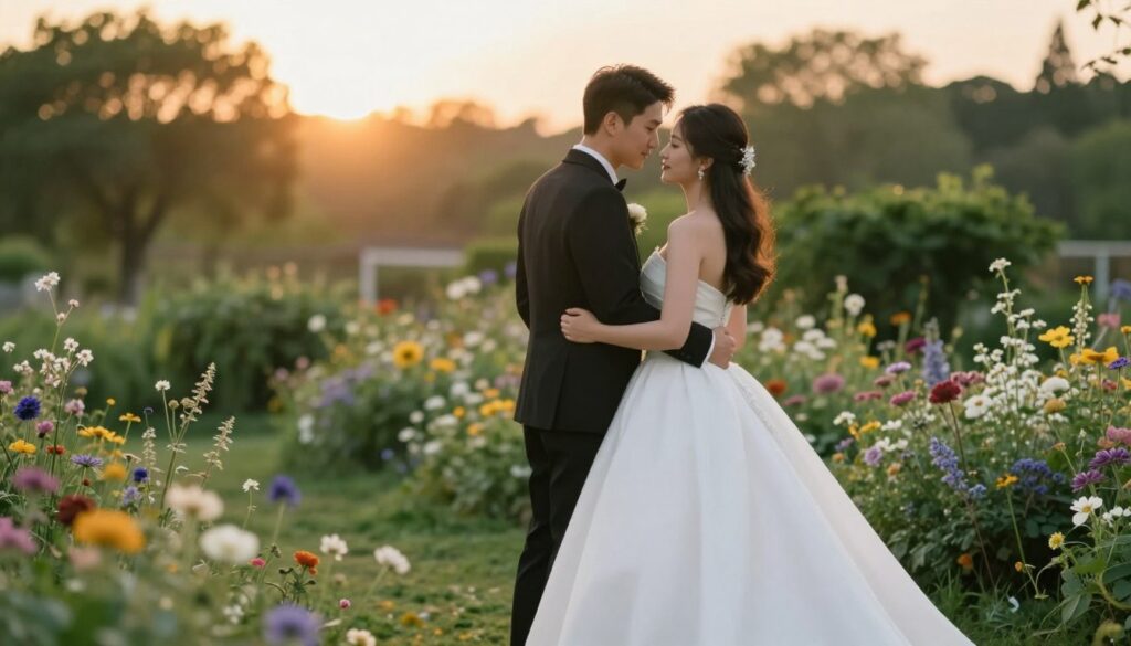 A romantic outdoor wedding photography scene featuring a newlywed couple in a natural pose. The bride, wearing a classic white gown, stands gracefully with her back to the camera, gently leaning into the groom, who is dressed in a smart black suit. They are surrounded by a lush garden filled with blooming flowers and soft greenery, creating a serene atmosphere. In the foreground, delicate wildflowers add a touch of color, while the sun sets softly in the background, casting a warm golden glow. The scene captures an intimate moment between the couple, emphasizing their connection. The composition is framed with a shallow depth of field, focusing on their expressions, while the background remains softly blurred, enhancing the romantic mood of this wedding session.