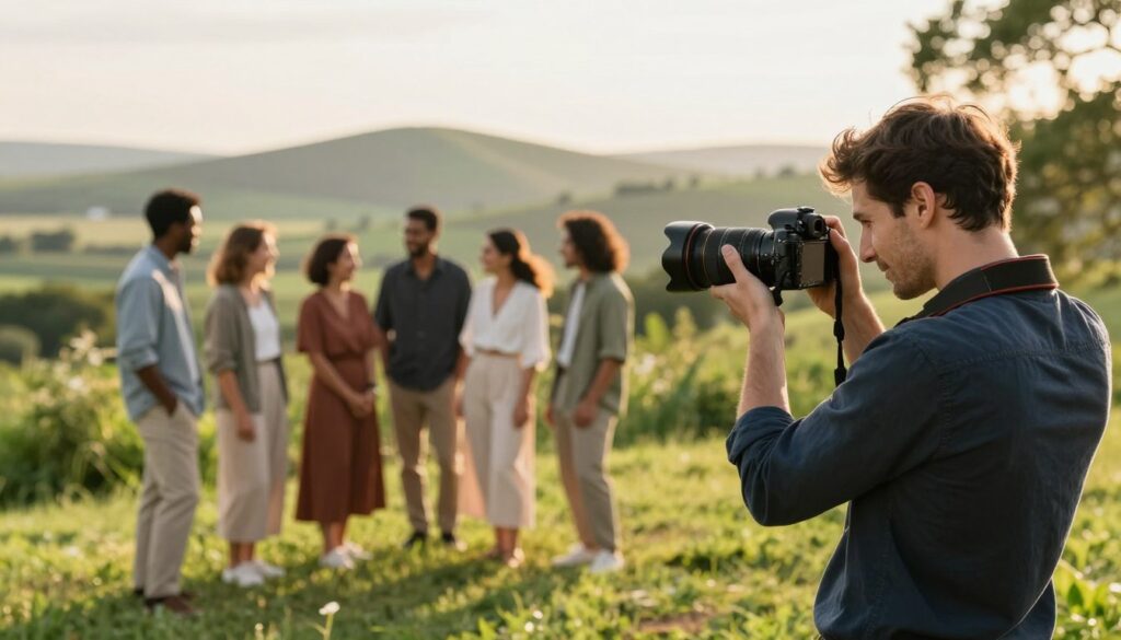 A serene outdoor photography session in a picturesque natural setting, showcasing a professional photographer at work. In the foreground, capture the photographer skillfully adjusting their camera, wearing smart casual attire, focused on the lighting and composition. In the middle ground, include a diverse group of clients dressed in stylish, modest outfits, laughing and enjoying the session, highlighting their interaction. The background features a beautiful landscape with vibrant greenery and gentle hills, bathed in soft golden hour light, creating a warm and inviting atmosphere. Use a wide-angle lens to emphasize the depth of the scene, with a slight bokeh effect on the surrounding elements to draw attention to the main subjects. Overall, convey a sense of professionalism, creativity, and joy in the art of photography.