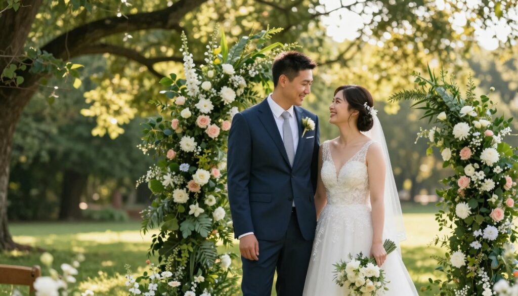A serene outdoor wedding scene. In the foreground, a joyful couple stands together, sharing a candid moment, dressed elegantly in formal wedding attire—him in a classic suit and her in a modest, charming wedding dress. The middle ground features vibrant greenery, with tasteful floral arrangements framing the couple, adding a touch of romance. In the background, soft sunlight filters through the leaves of surrounding trees, creating a warm, inviting glow. The atmosphere should be filled with love and tranquility, capturing the essence of genuine emotions during a wedding. The perspective is slightly angled to highlight the couple while maintaining a natural composition. The overall mood is intimate and joyous, embodying the beauty of real moments.