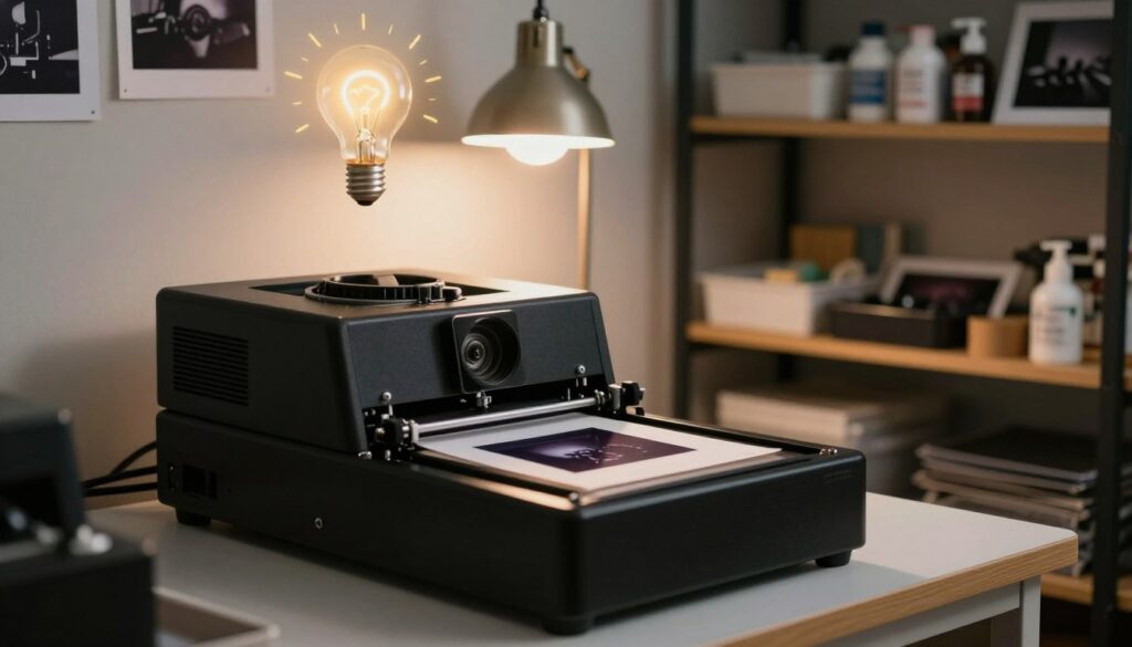 A streamlined photographic darkroom setting showcasing the most common myths surrounding photo enlargers. In the foreground, include a classic black photographic enlarger with intricate parts, focused on a film negative. In the middle ground, display soft, ambient lighting emanating from a dim lamp, casting gentle shadows. The background should feature shelves filled with photographic supplies like trays, chemicals, and finished prints. Incorporate visual metaphors for myths, such as a light bulb with question marks, subtly floating above the enlarger. The mood is contemplative and informative, emphasizing a sense of discovery in the art of photography. Ensure a clean, organized aesthetic that invites curiosity and learning.