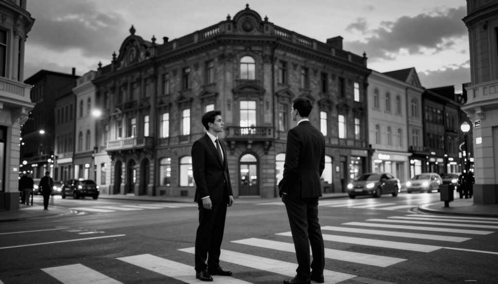 A striking black and white photograph featuring a bustling urban street scene at dusk. In the foreground, a well-dressed business man stands at a crosswalk, gazing thoughtfully at the cityscape. The middle ground reveals a row of vintage buildings with intricate architectural details, their windows softly glowing with warm light, contrasting against the shadows. In the background, a hint of moving traffic creates a dynamic flow, while the darkened sky looms overhead. Soft, diffused lighting casts gentle shadows, enhancing the monochromatic tones and emphasizing textures. The overall mood conveys a sense of nostalgia and contemplation, perfect for illustrating themes that lend themselves beautifully to black and white photography.