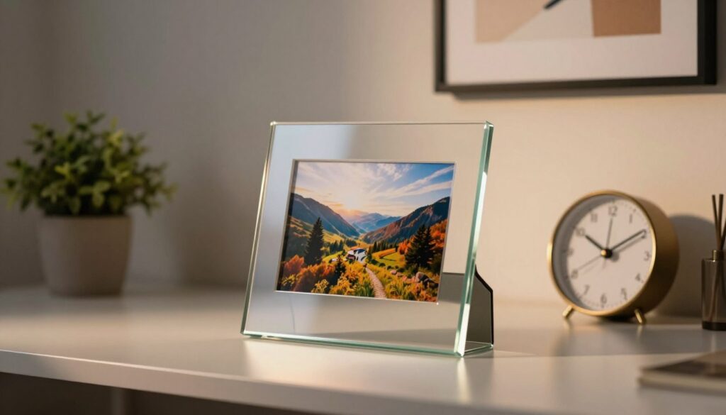 A stylish 13x18 cm glass photo frame elegantly displaying a vibrant landscape photograph, positioned on a sleek modern desk. In the foreground, the frame glistens under warm, soft lighting, accentuating its crystal-clear edges and the richness of the photo it holds. The middle ground features a tasteful arrangement of decorative elements, such as a small potted plant and a minimalistic clock, enhancing the frame's aesthetic appeal. In the background, a softly blurred wall with abstract art provides context without distraction. The scene conveys a sense of sophistication and tranquility, inviting viewers to appreciate the beauty of displayed photography in a refined setting. The overall atmosphere is warm and inviting, perfect for showcasing treasured moments.