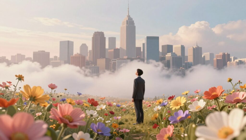 A surrealist photography conceptual artwork featuring a dreamlike landscape blending natural and urban elements. In the foreground, a solitary figure in professional attire stands amidst a field of oversized, colorful flowers, gazing upwards. In the middle ground, a distorted city skyline melds into the clouds, creating an ethereal backdrop. Soft, diffused lighting bathes the scene, enhancing the fantastical atmosphere with warm pastels. A shallow depth of field focuses on the figure and flowers, while the cityscape fades softly. The mood evokes curiosity and wonder, inviting the viewer to question reality. The angle captures the figure from a low perspective, emphasizing their contemplation of the surreal environment.