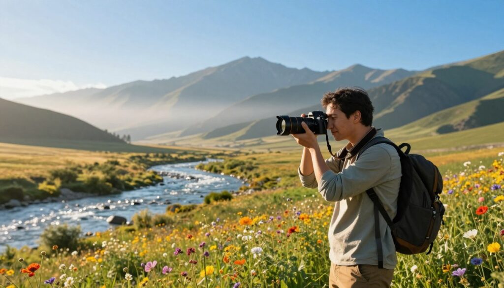 A vibrant landscape showcasing a picturesque photography expedition under a clear blue sky, capturing the essence of outdoor adventure. In the foreground, a photographer in modest casual attire is intently adjusting their camera, with a wide-angle lens, ready to capture the breathtaking scenery. The middle ground reveals diverse natural elements—rolling hills, a sparkling river, and vibrant wildflowers in bloom, creating a stunning contrast. In the background, majestic mountains rise, shrouded in soft mist, hinting at hidden trails and photography opportunities. Illumination is warm and golden, reminiscent of early morning light, evoking a sense of excitement and inspiration. The overall mood is calm, encouraging creativity and exploration.