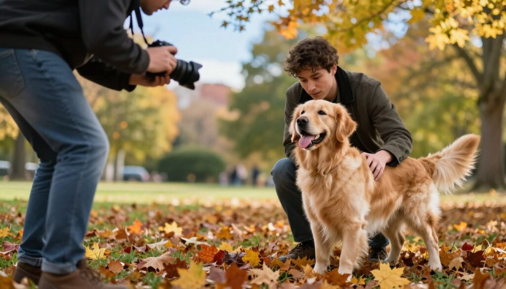 A vibrant outdoor photoshoot featuring a happy dog with a professional photographer engaging with it. In the foreground, the photographer, dressed in casual yet professional attire, crouches down, holding a camera at a low angle, capturing the dog's joyful expression. The dog, a golden retriever, is playfully posed with its tongue out, surrounded by colorful autumn leaves. In the middle ground, soft diffused natural lighting illuminates both the dog and the photographer, creating a warm, inviting atmosphere. The background showcases a gently blurred park setting with trees and a bright blue sky, enhancing the mood of joy and spontaneity typical of pet photography sessions. The scene captures the essence of a dog photoshoot from first contact to the creative process.
