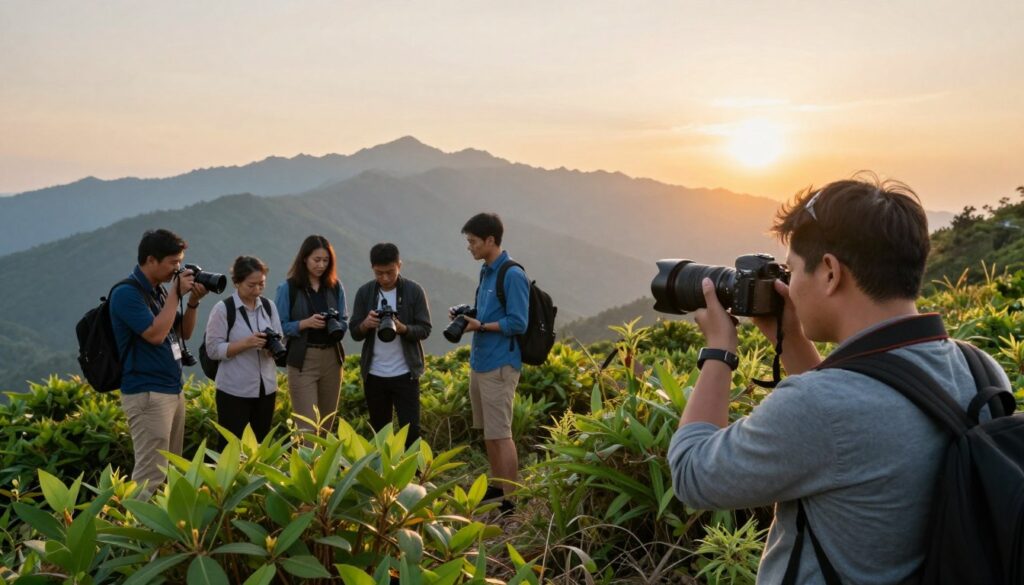 A vibrant photography expedition scene showcasing a diverse group of photographers set in a stunning natural landscape. In the foreground, a photographer adjusts their camera settings, capturing the moment with a wide-angle lens, framed by lush green foliage. In the middle ground, a small group of photographers reviews their shots, engaged in lively discussion, each dressed in professional casual attire, reflecting a collaborative atmosphere. The background features majestic mountains under a golden hour sky, with warm sunlight illuminating the scene, creating a serene yet inspiring mood. Soft shadows and highlights enhance the textures of the landscape, showcasing the beauty of organized photo trips that yield exceptional results.
