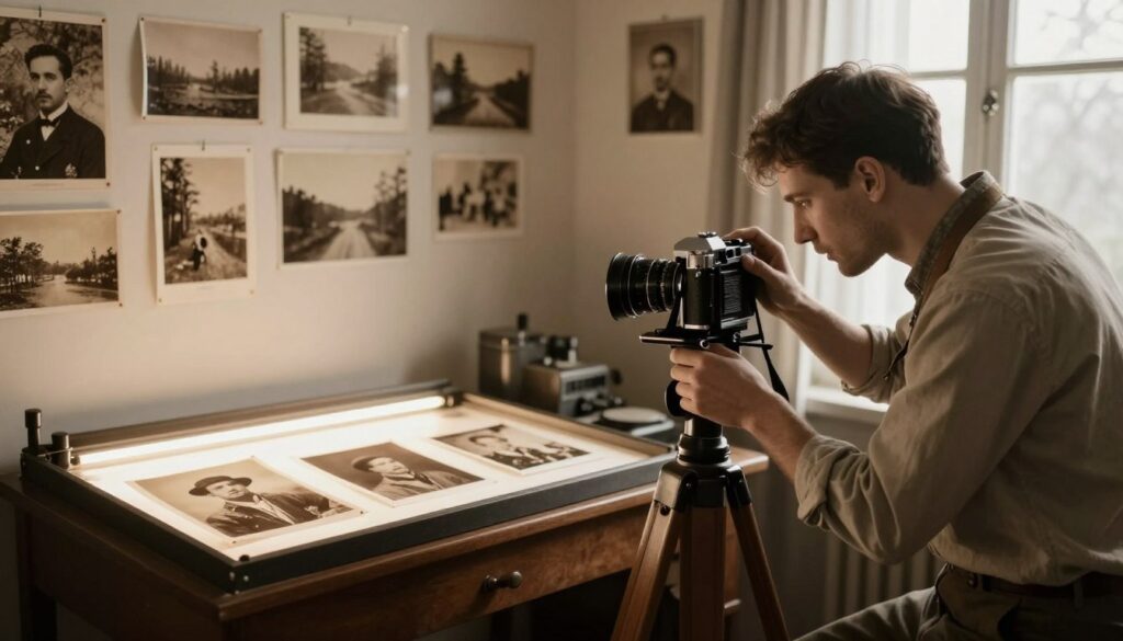 A vintage-inspired scene showcasing "sepia photography in practice." In the foreground, a professional photographer, dressed in modest vintage attire, is adjusting an old-fashioned film camera on a wooden tripod. The middle ground features a classic darkroom setup with soft filtered light illuminating trays filled with sepia-toned prints. In the background, a wall is adorned with various sepia photographs, capturing timeless moments of landscapes and portraits. The atmosphere is nostalgic and atmospheric, with warm hues and gentle shadows enhancing the vintage effect. The lighting is soft and diffused, mimicking natural daylight filtering through a window. The scene conveys a sense of dedication and artistry in exploring sepia photography techniques, both analog and digital.