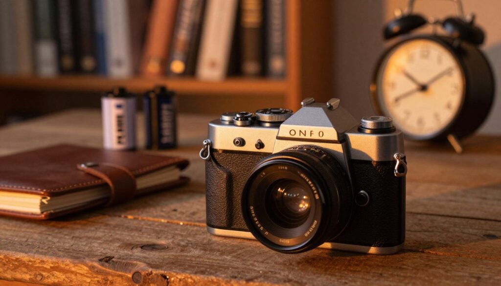 A vintage mirrorless camera prominently displayed in the foreground, showing intricate details like the textured leather grip and retro dials. The camera lens glimmers softly, capturing the warm orange hues of a golden hour sunset. In the middle ground, a rustic wooden table showcases film rolls, a leather-bound notebook, and a vintage-style clock, all bathed in soft, diffused light. The background features blurred photography books on a cozy shelf, evoking a warm and nostalgic atmosphere. The overall scene conveys a sense of creativity and artistic exploration, enhanced by gentle shadow play that emphasizes the retro style of the camera. The entire composition should inspire a feeling of timelessness and a passion for photography.
