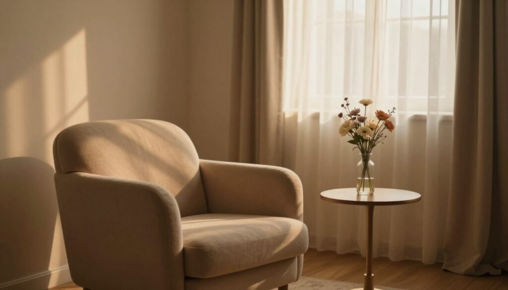 A warm, inviting photography session setup that captures the essence of sensual art. In the foreground, a soft, stylish armchair placed beside a small, elegant side table adorned with a delicate vase of fresh flowers. The middle section features a softly lit studio with warm, diffused lighting, creating gentle shadows that enhance the atmosphere. The background showcases sheer drapes filtering natural light from a large window, casting a serene glow throughout the space. The scene evokes a calm, intimate mood, inviting creativity in every frame. Using a shallow depth of field, focus on the interplay of light and shadow, emphasizing the textures of fabrics and the warmth of the environment. The overall aesthetic blends elegance and comfort, highlighting the artistic elements of sensual photography.