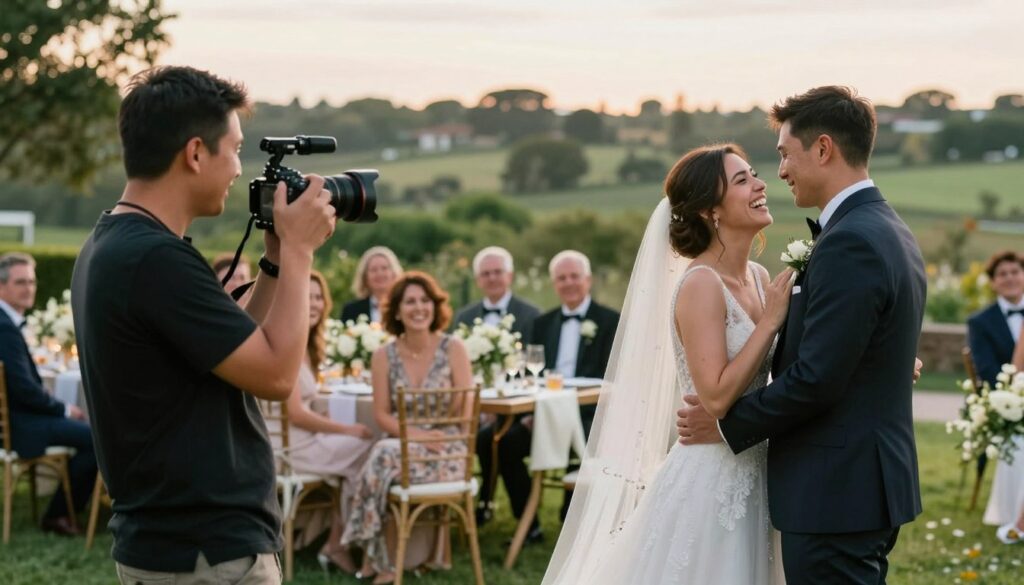A wedding photographer and videographer working together in a romantic outdoor setting. In the foreground, the photographer is capturing a candid moment of the bride and groom sharing a laugh, dressed in elegant wedding attire. The videographer is positioned slightly behind, aiming a professional camera towards them, ensuring both are focused on the couple. In the middle ground, wedding guests are enjoying the festivities, seated at beautifully decorated tables with floral centerpieces, creating a lively atmosphere. The background features a scenic landscape of lush greenery and soft evening light, hinting at the golden hour. The overall mood is joyful and intimate, showcasing the synergy between the photographer and videographer as they document the cherished moments of the day.