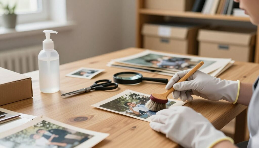 A well-lit and organized workspace showcasing the process of cleaning old photographs. In the foreground, a wooden table with a pair of gloved hands gently handling a faded photograph, using a soft brush and cleaning solution to remove dust. In the middle, tools such as archival scissors, a magnifying glass, and a moisture meter are neatly arranged beside the photograph. Background features shelves filled with archival boxes and albums, softly blurred to emphasize the tasks at hand. Warm, natural lighting filters through a window, casting a gentle glow on the scene to create a calm and focused atmosphere. The mood reflects care and nostalgia, highlighting the importance of preserving memories. The image should convey a sense of both artistry and professionalism in photograph restoration.