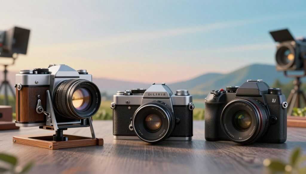 An artistic representation of the evolution of cameras, featuring a side-by-side comparison of three distinct types: a traditional camera obscura on the left, a vintage film camera in the center, and a modern digital camera on the right. In the foreground, the camera obscura is intricately detailed with wooden textures and a large lens reflecting soft natural light. The film camera showcases metallic finishes and a classic design. The digital camera appears sleek and modern with a digital display. The middle ground includes elements like historical photography equipment and picturesque landscapes, blending into a soft gradient background that transitions from warm, nostalgic hues to cool, contemporary shades. The atmosphere is inviting and educational, highlighting the technological journey of photography. The scene is well-lit with a soft focus, providing a dreamlike quality.